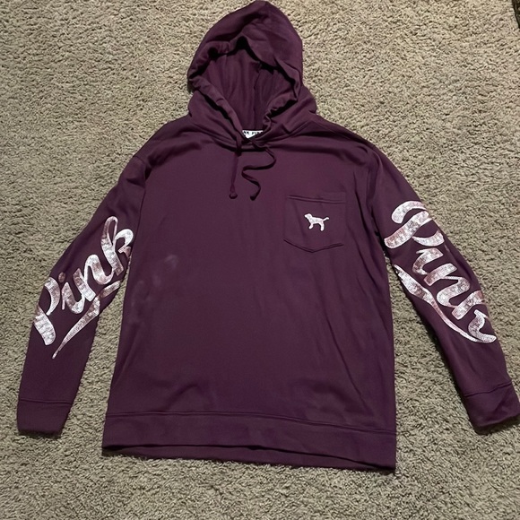 Pink Victoria Secret maroon hooded top with “Pink” sequin lettering Ladies Sz M - Picture 1 of 15